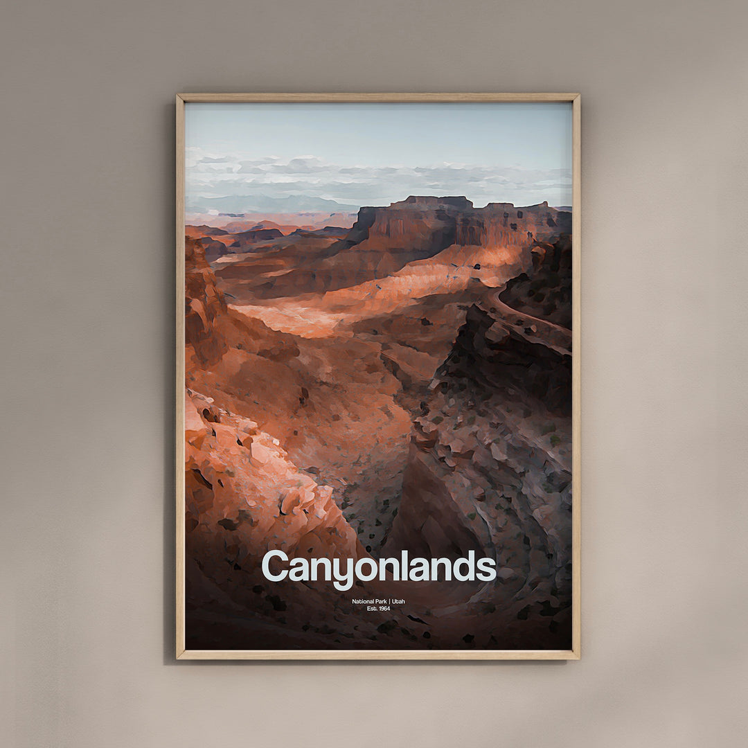 a poster hanging on a wall with the words canyonlands on it