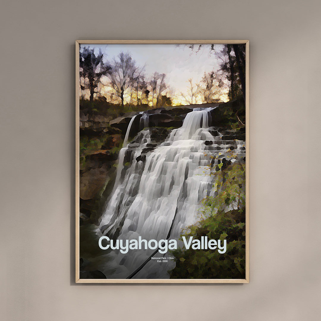 a picture of a waterfall with the words cuyanoga valley on it