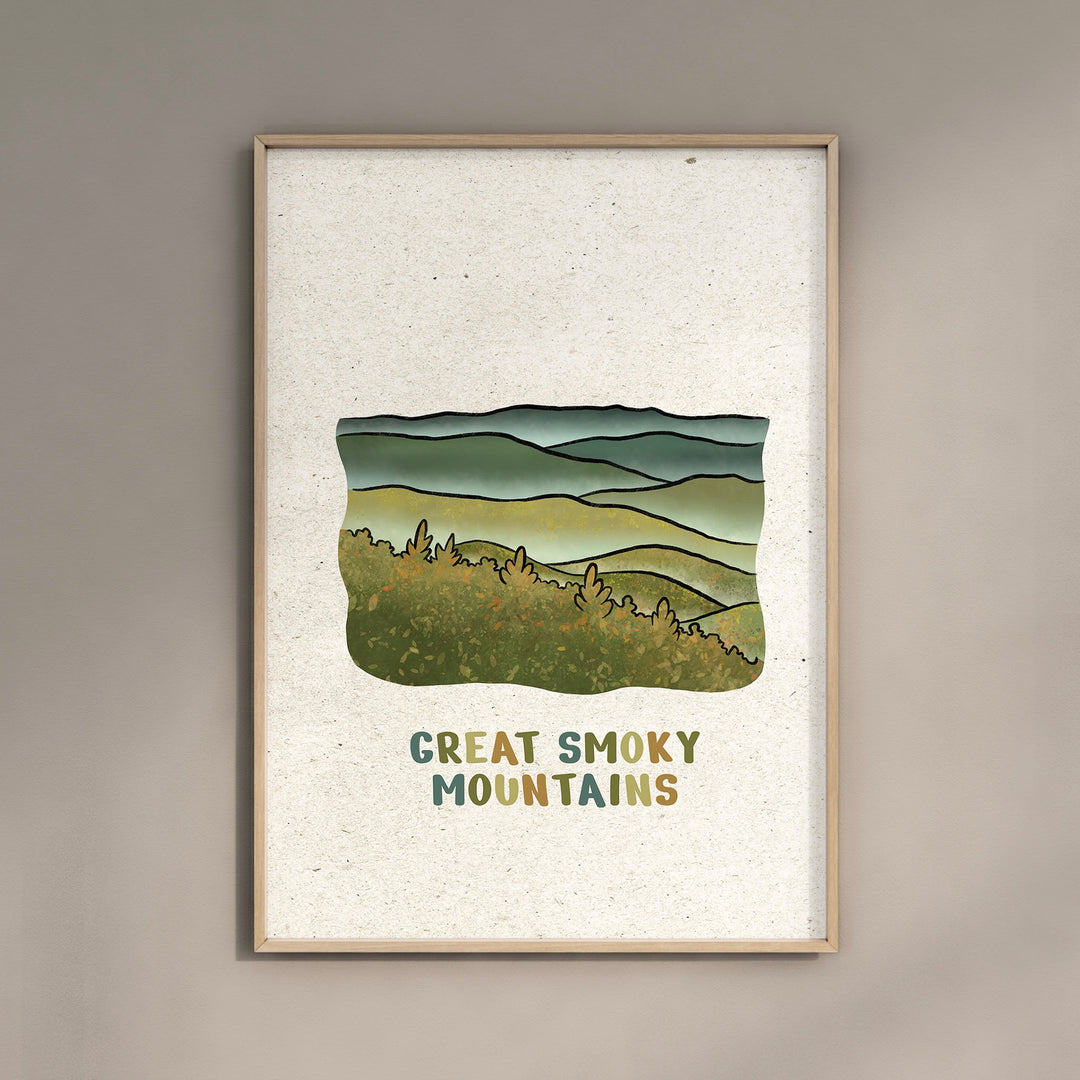 a picture of the great smoky mountains on a wall