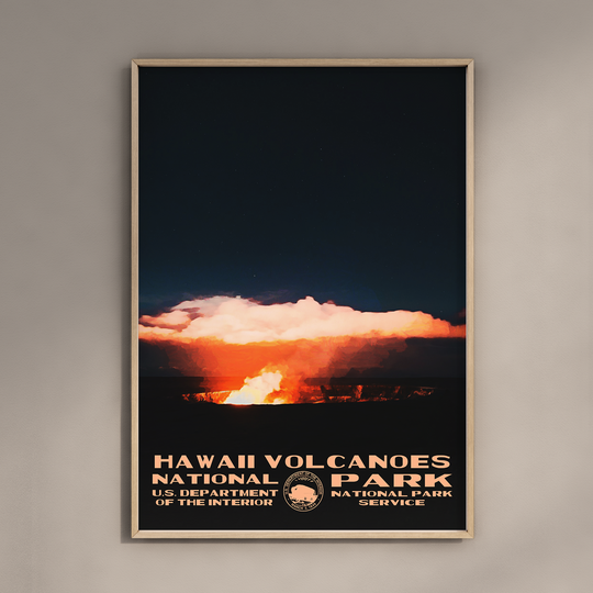 a poster hanging on a wall with a volcano in the background