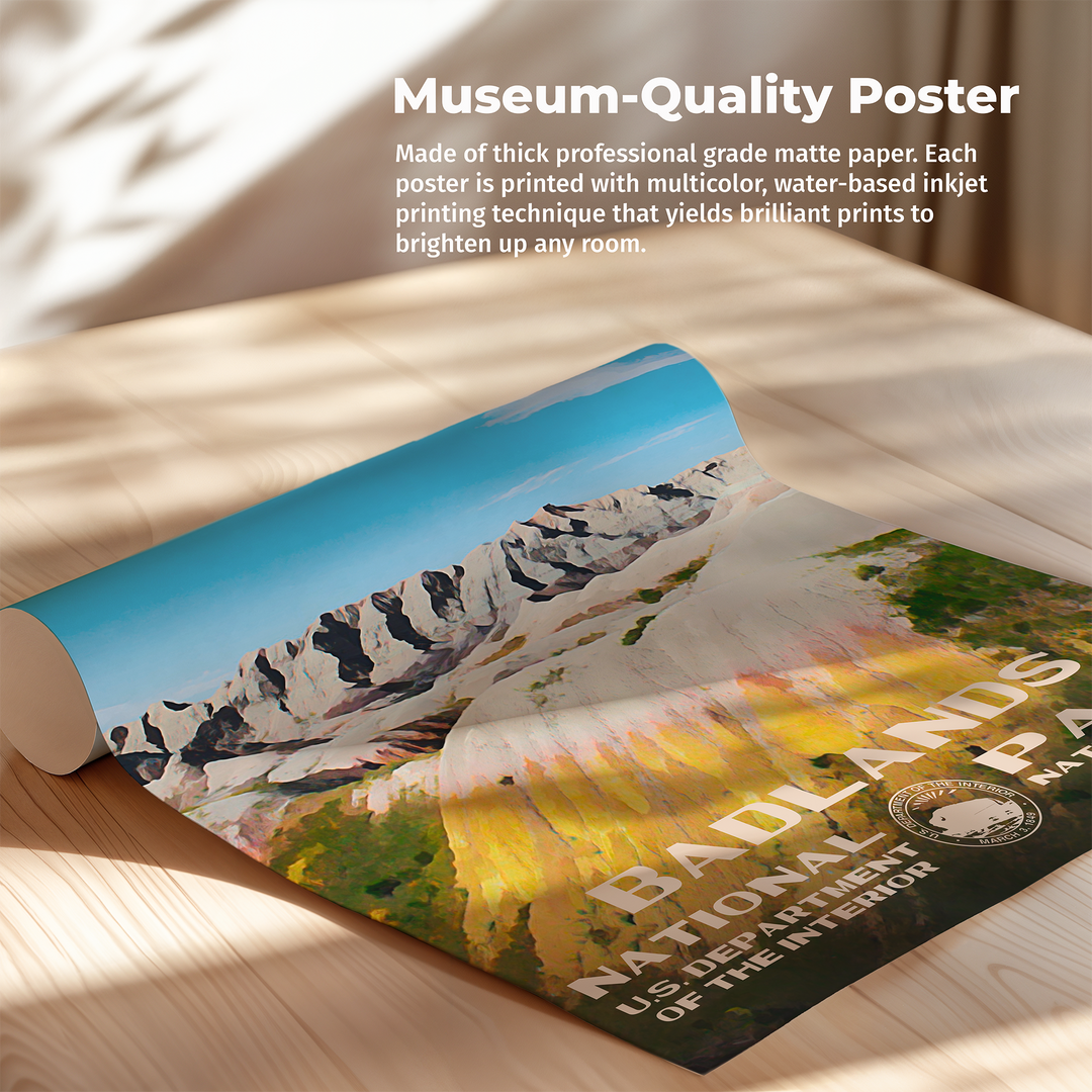 a poster of a mountain range on a wooden table