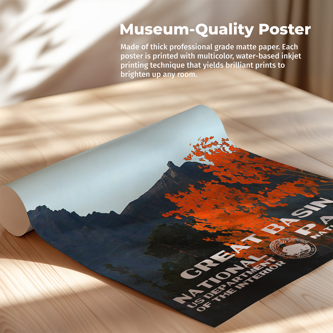 a poster on a table with a mountain in the background