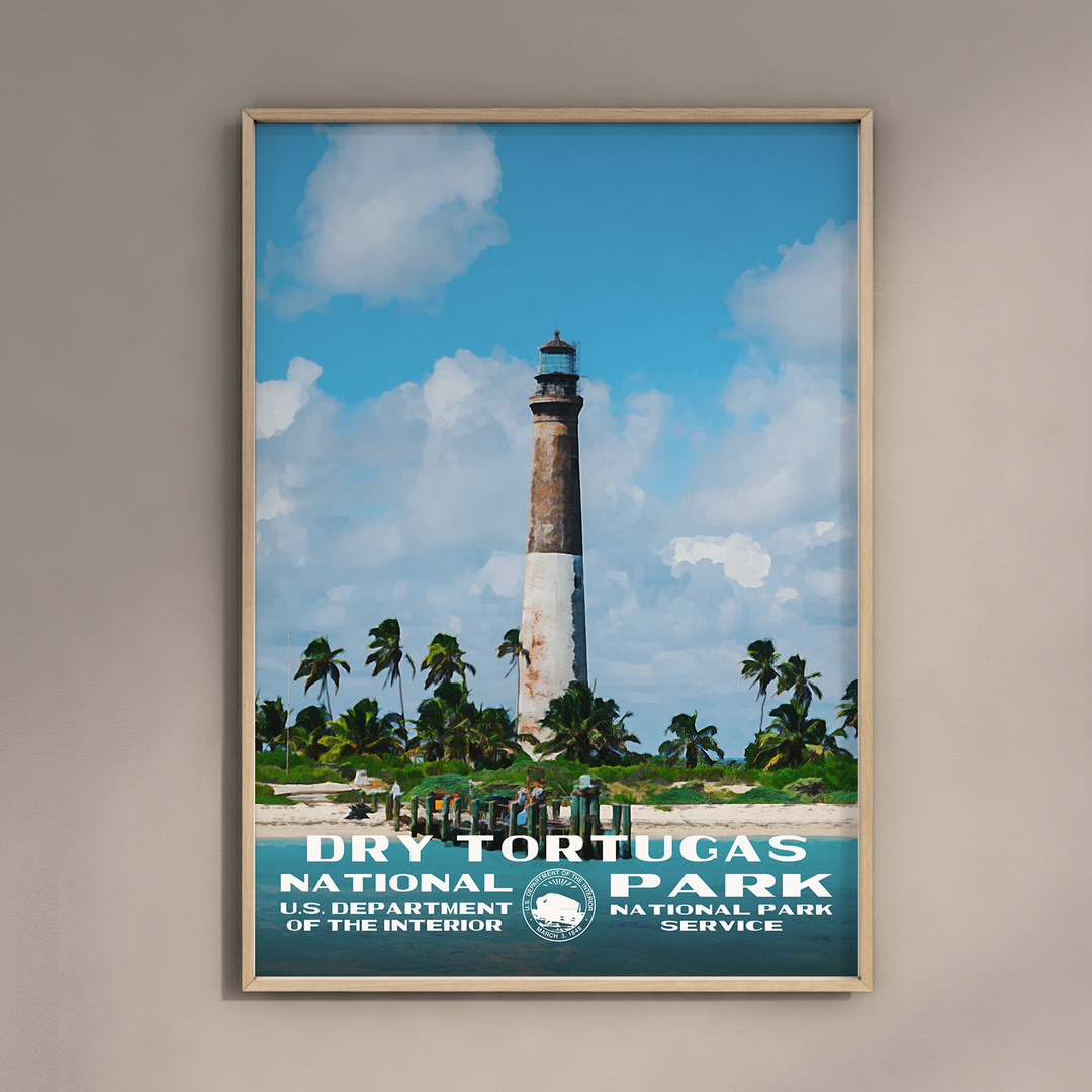 a poster of a light house on a beach