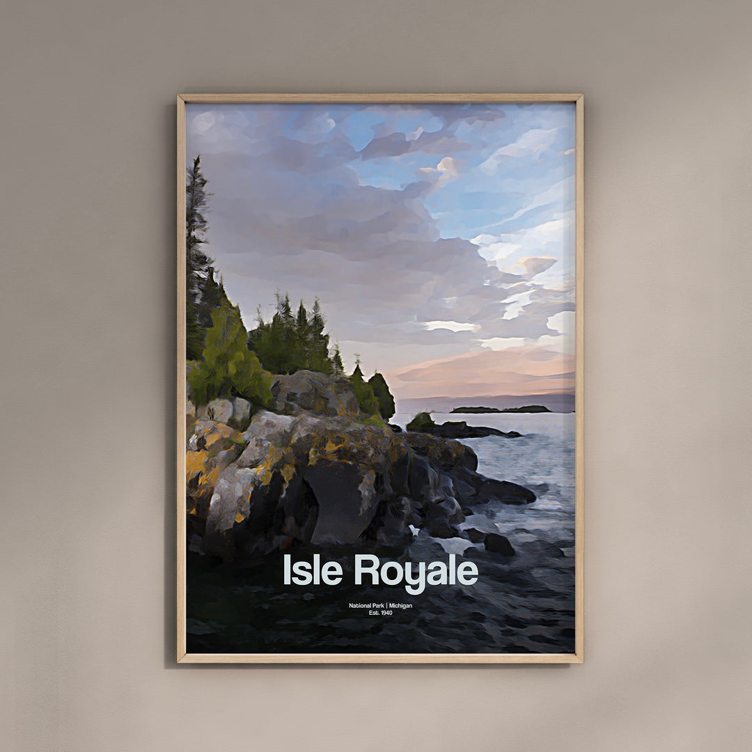 a poster of a rocky shore with trees on it