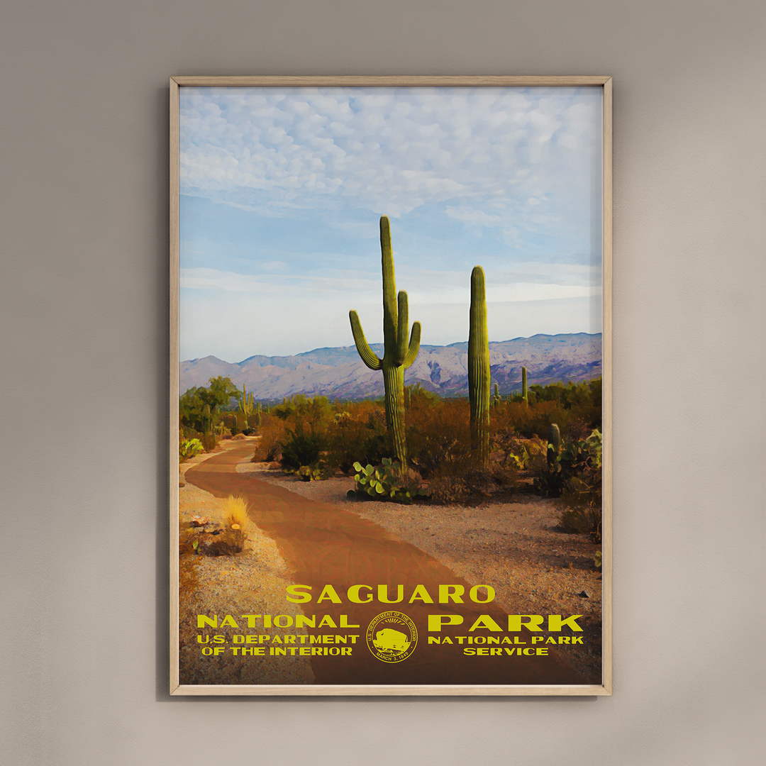 a poster of a saguaro national park on a wall