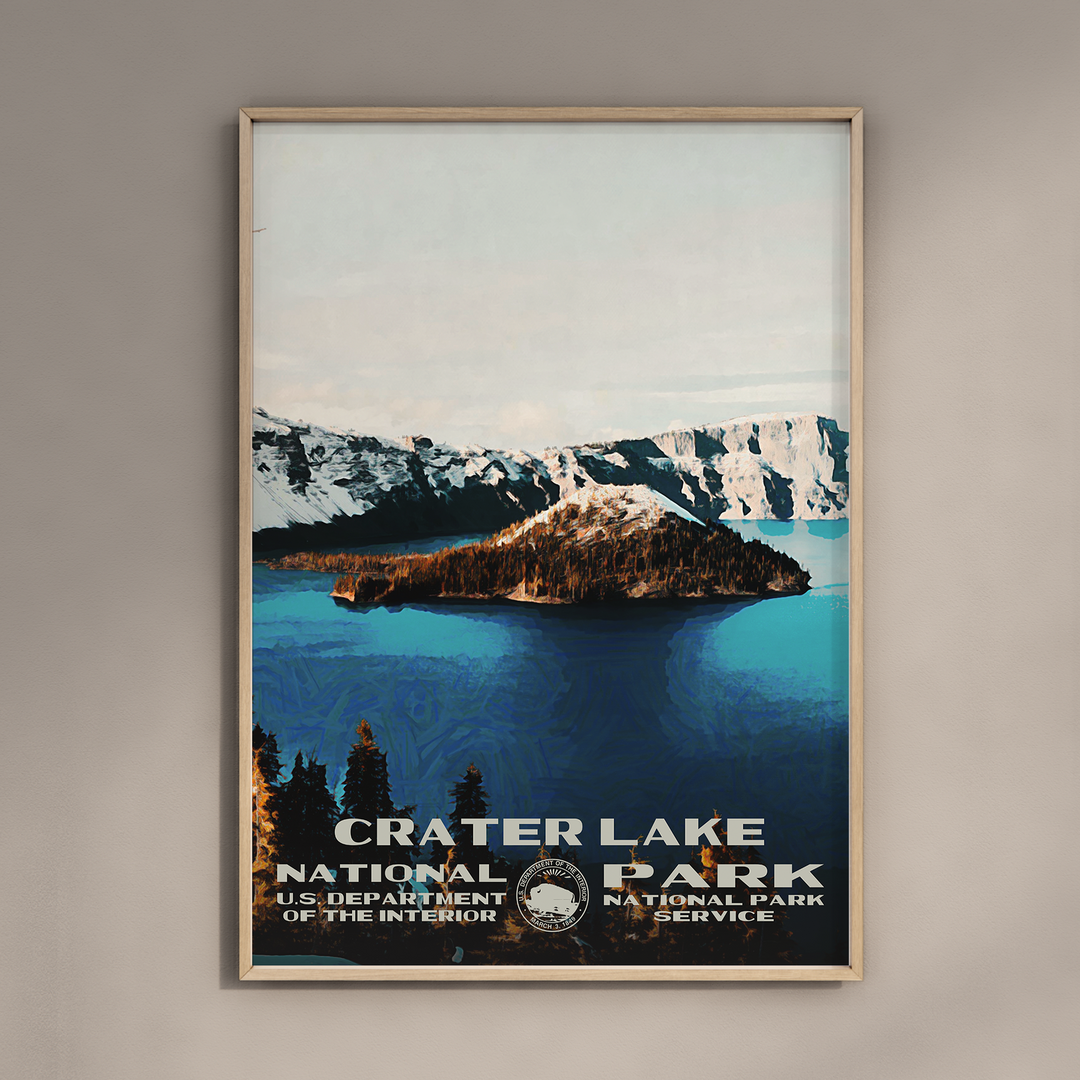 a poster of crater lake national park is hanging on a wall