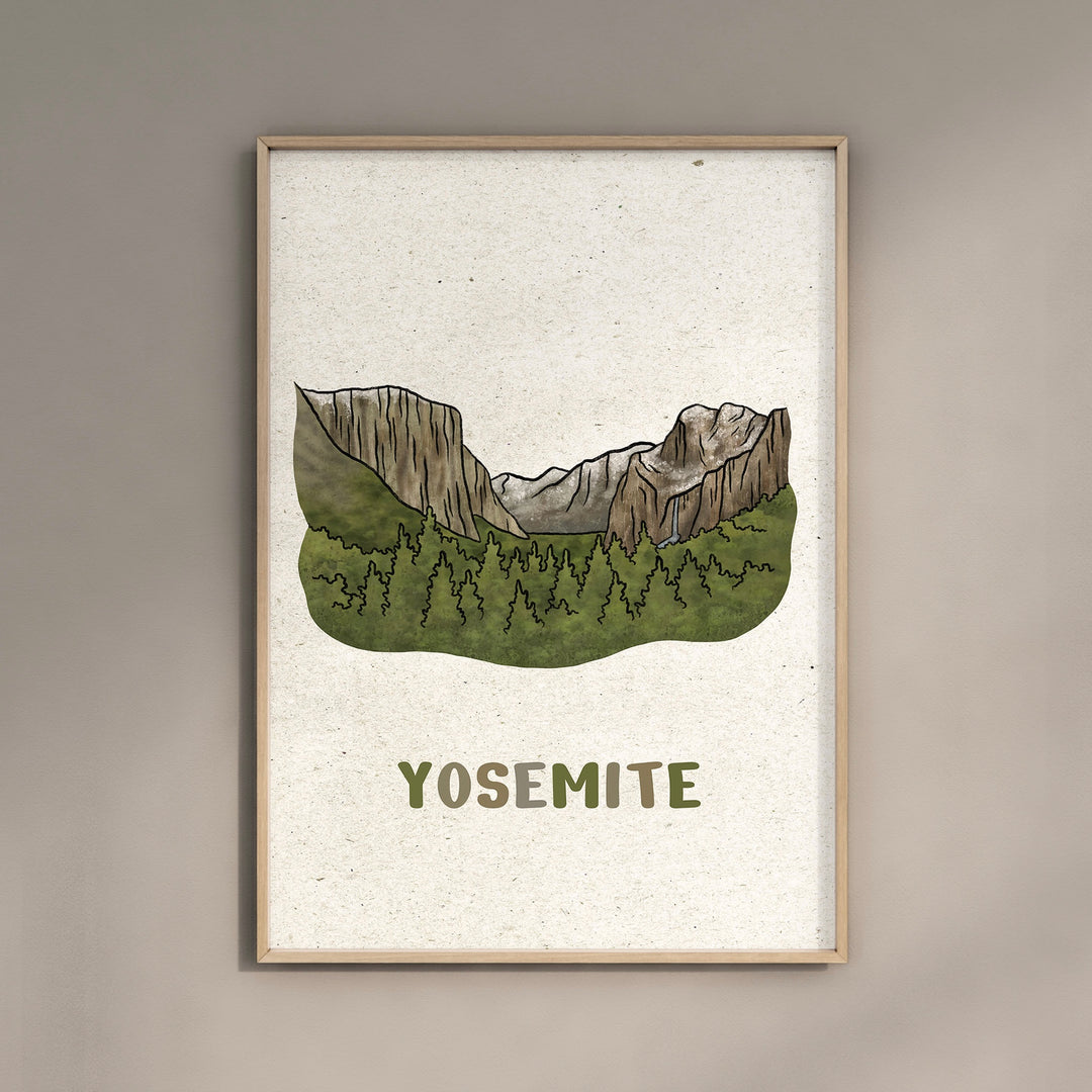 a picture of a mountain range with the words yosemite on it