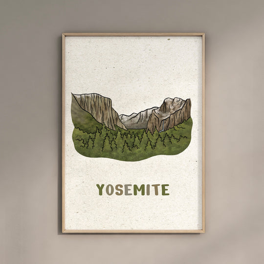 a picture of a mountain range with the words yosemite on it