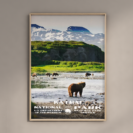 a brown bear standing in a river with mountains in the background