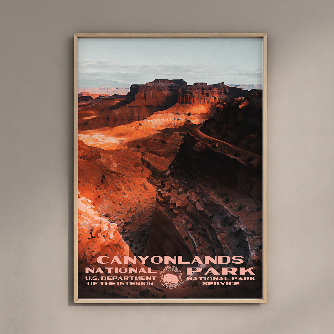 a poster of canyonlands national park hanging on a wall