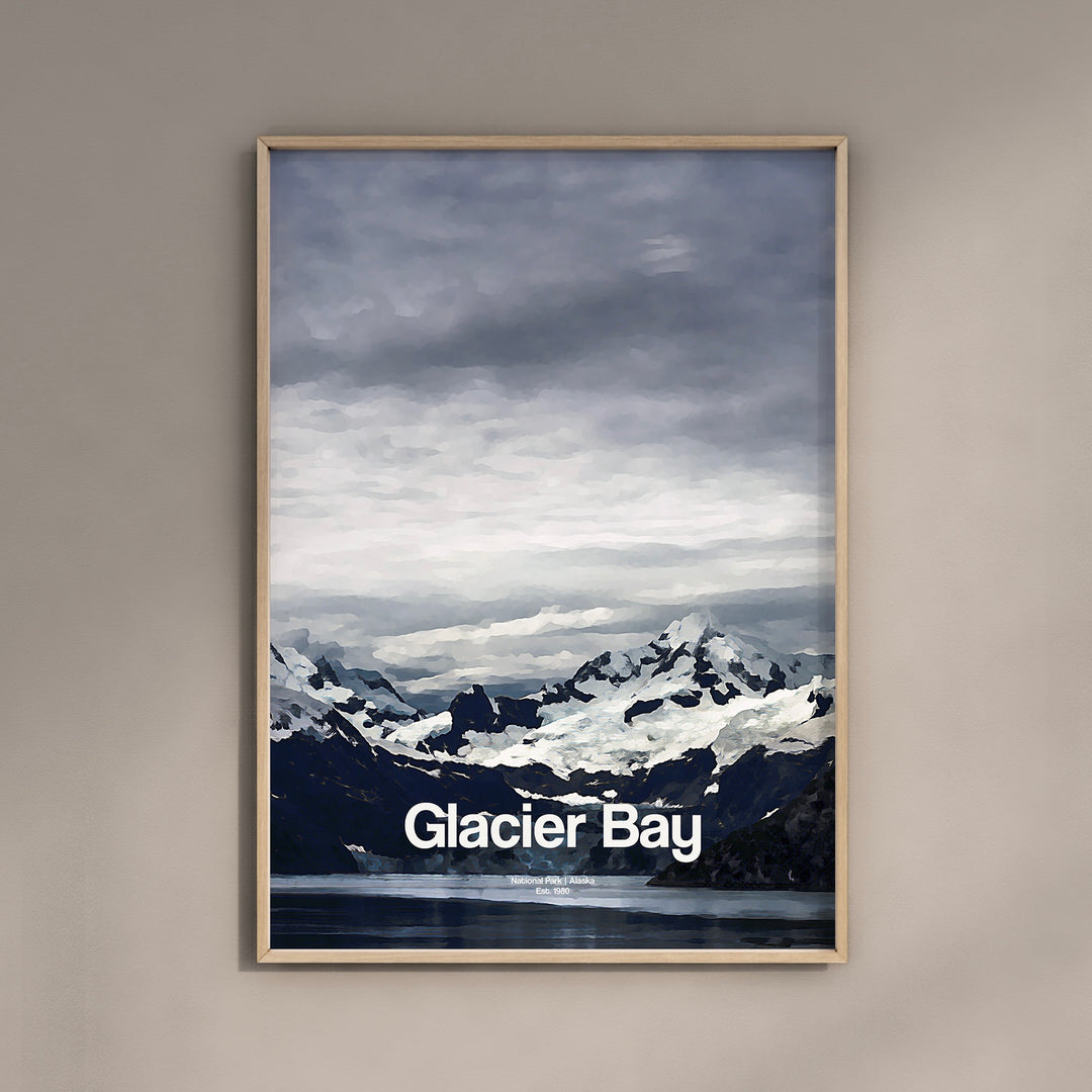 a picture of a mountain range with the words glacier bay below it