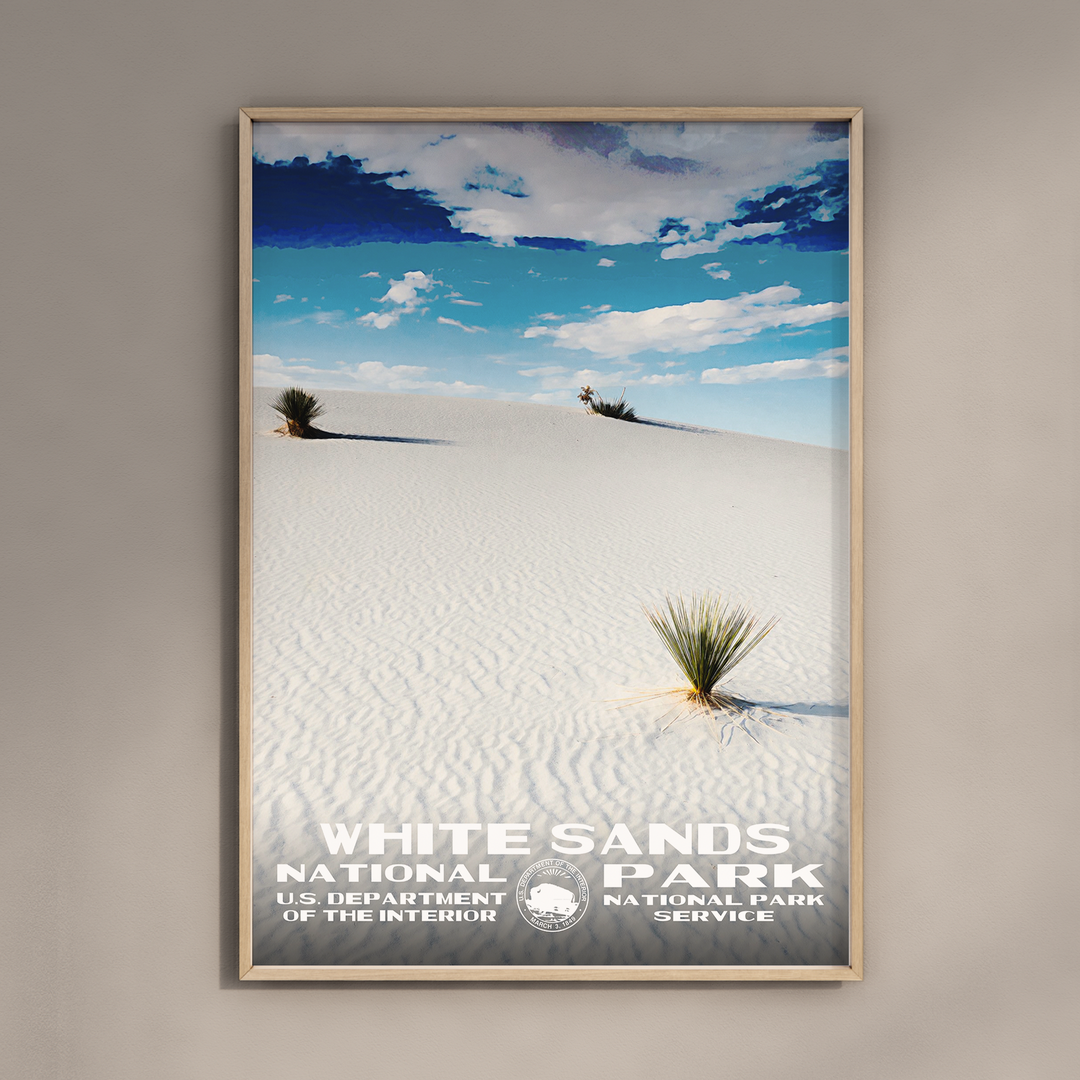 a white sands national park poster hanging on a wall