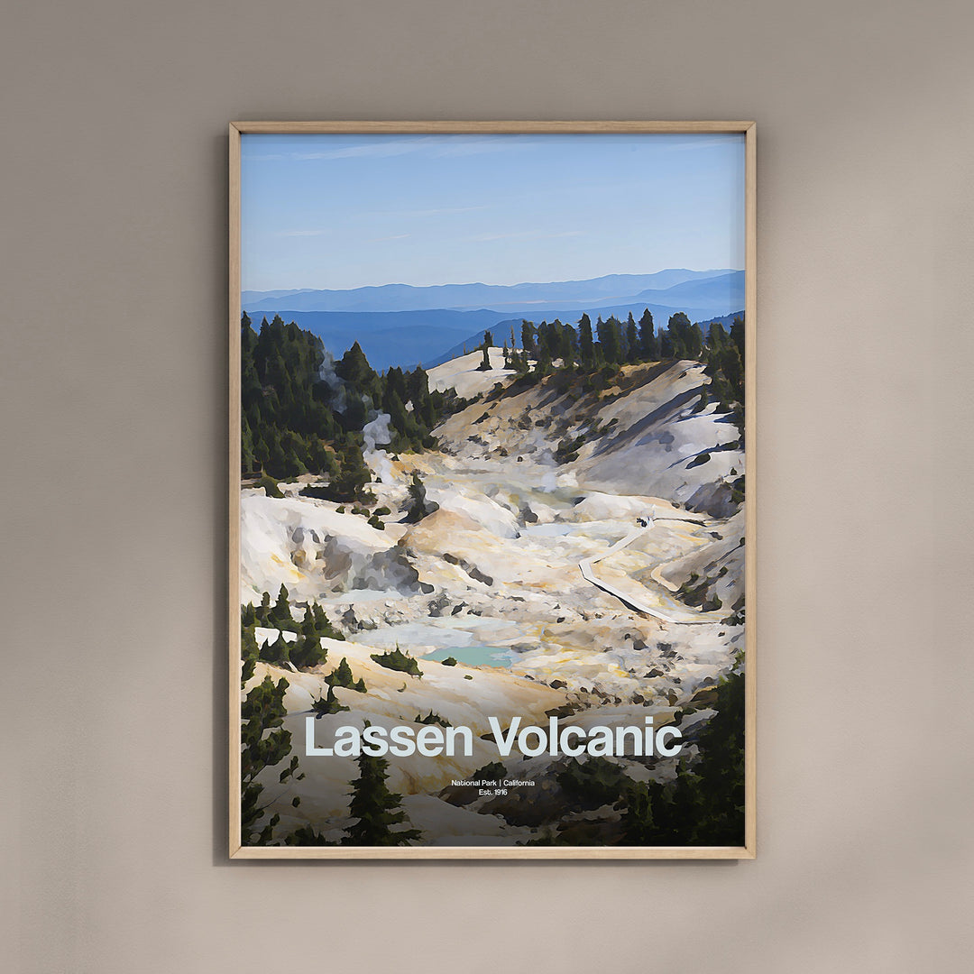 a poster of lassen volcano is hanging on a wall