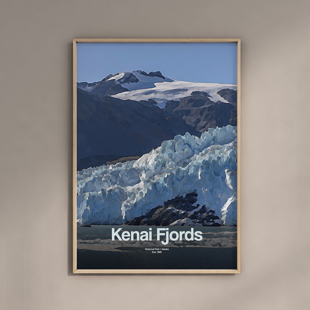 a poster of a glacier with a mountain in the background