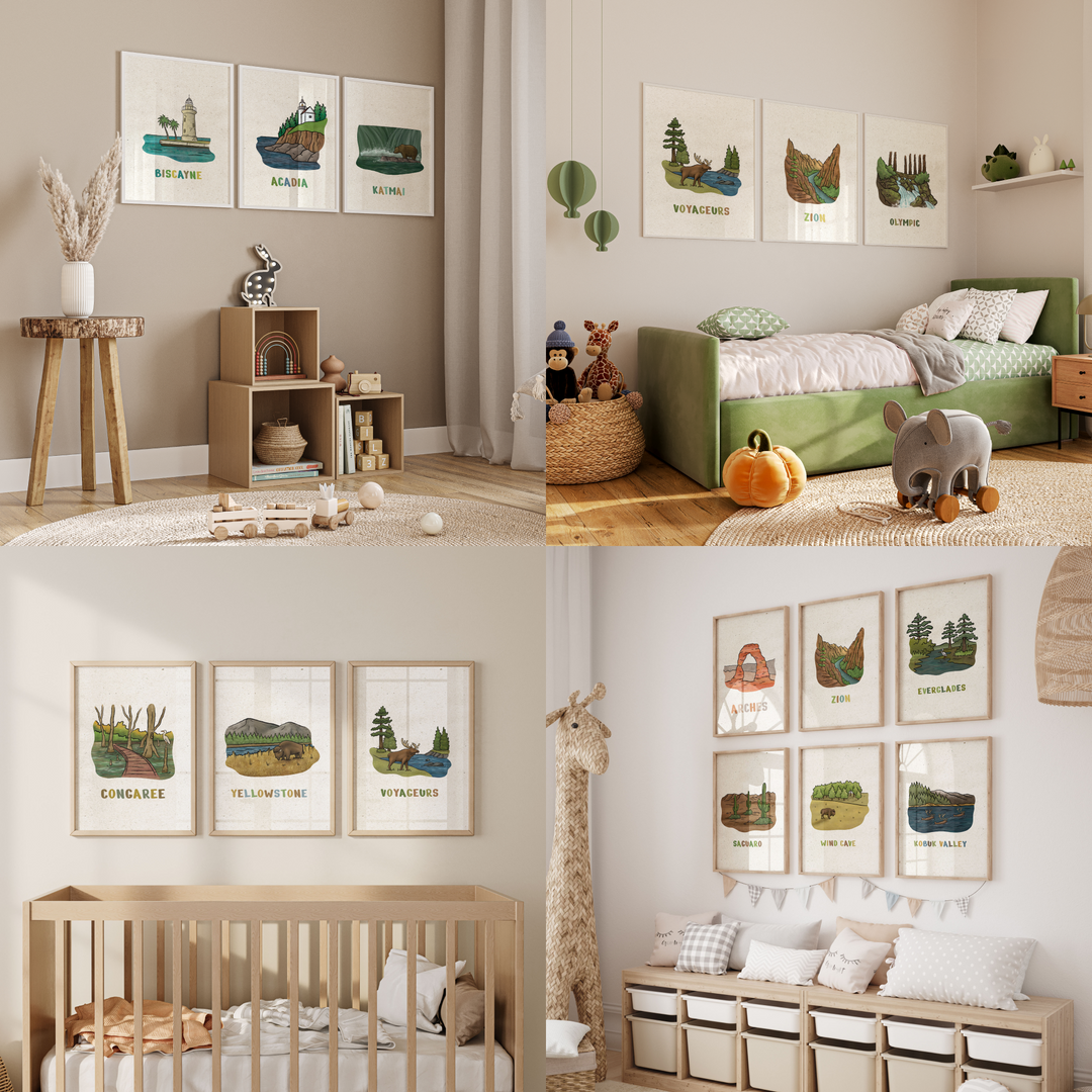 two pictures of a baby's room with a crib and a crib