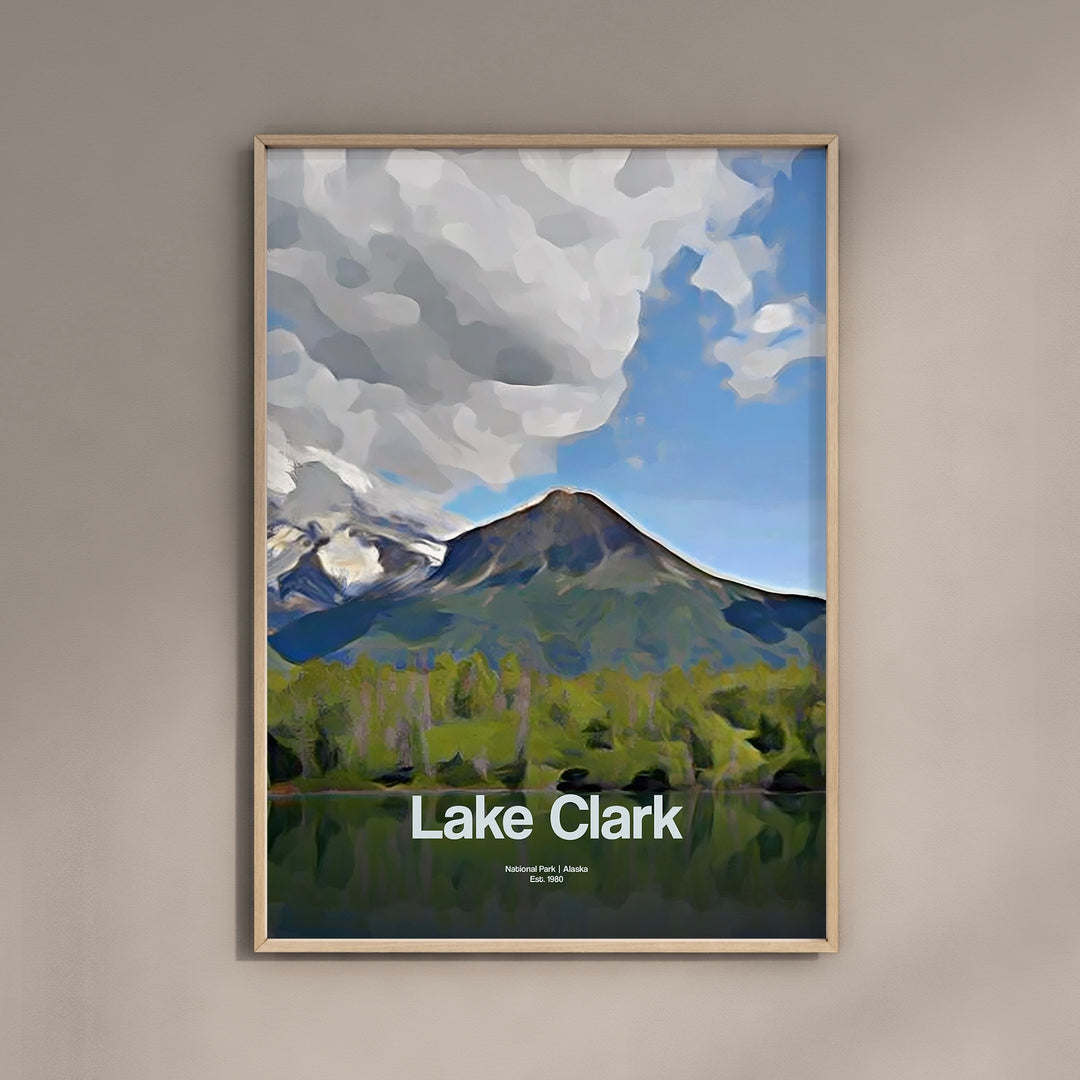 a painting of a lake with a mountain in the background