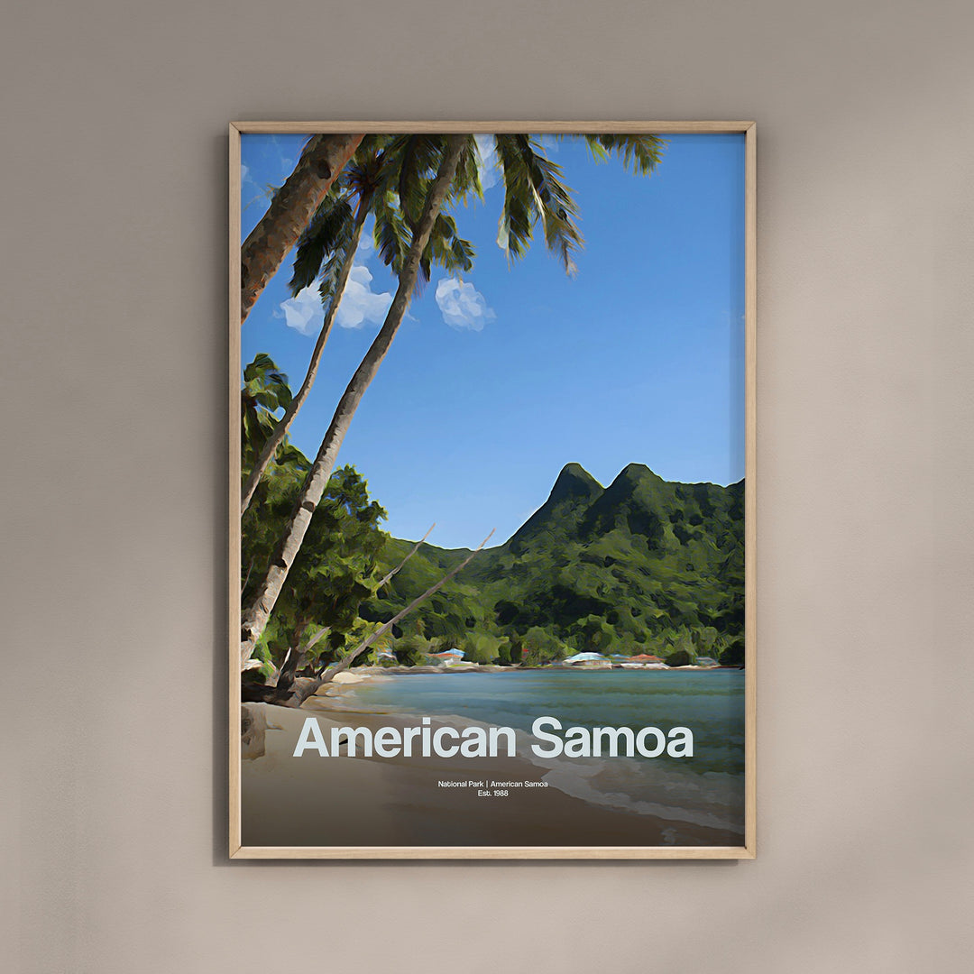 a poster of a tropical beach with palm trees