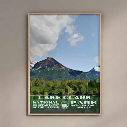 a painting of a mountain with a lake clark national park in the foreground