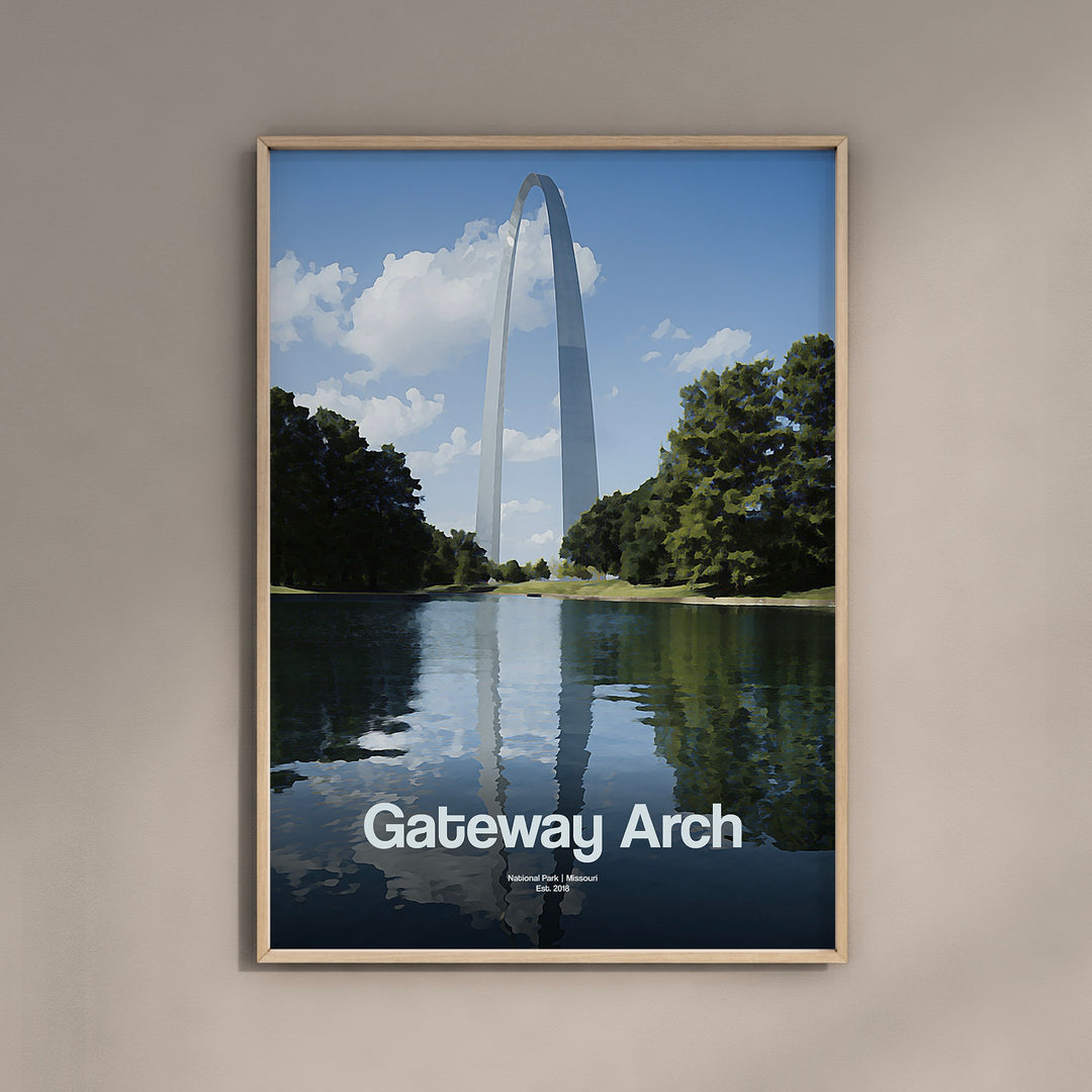 a poster of the gateway arch reflecting in the water