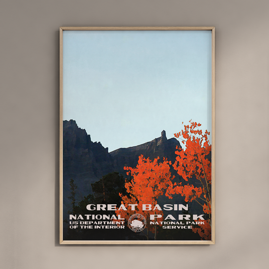 a poster hanging on a wall with a mountain in the background