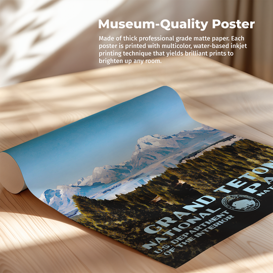 a poster on a wooden table with a mountain in the background