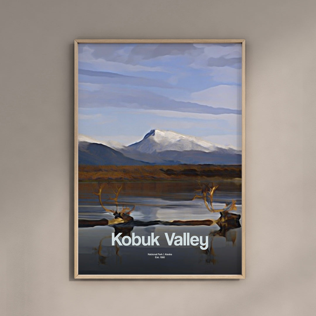 a picture of a poster of a mountain with a lake in front of it