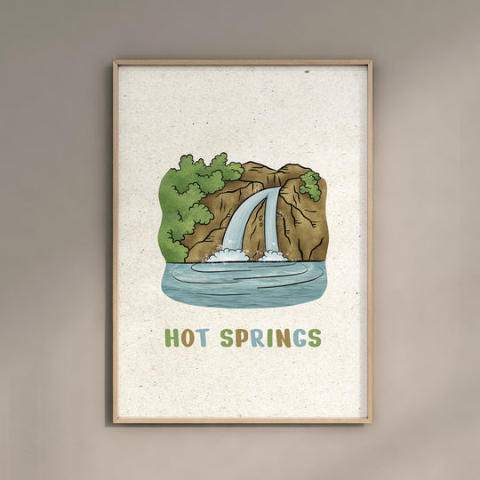 a picture of a waterfall with the words hot springs on it