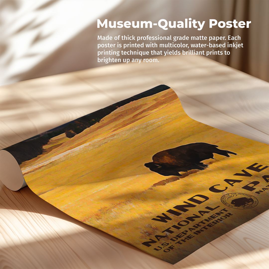 a poster of a bison on a wooden table